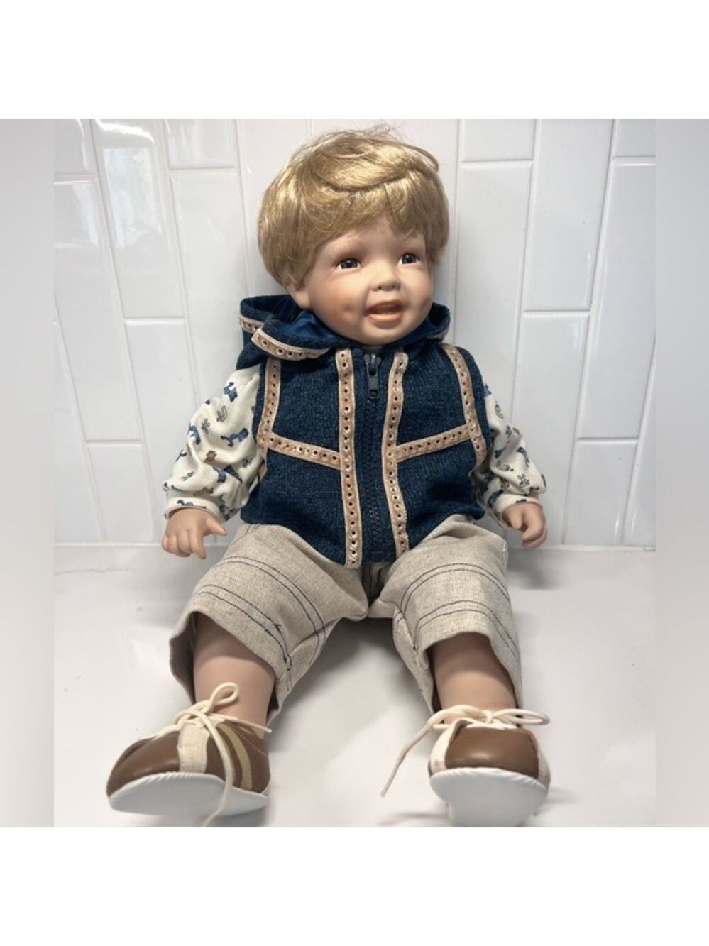 Realistic Toddler Boy Doll Porcelain 20 in Blonde Hair Blue Eyes
